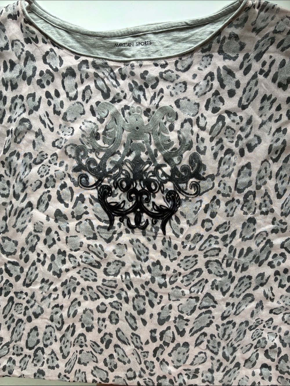 Marc Cain Pale Pink Leopard-Print Short Sleeve Top with Crest